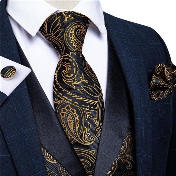 men's Wedding Paisley Suit Vest, Black Gold Slim Fit - Picture 2 of 6
